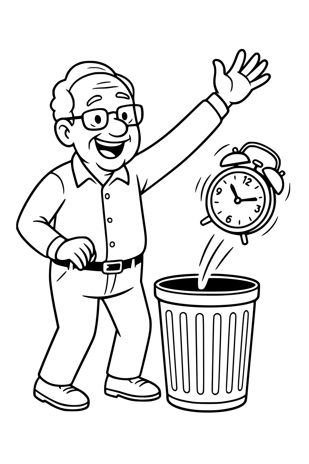 Smiling grandpa tosses a ringing alarm clock into a trash can, waving happily in cartoon line art with bold outlines.