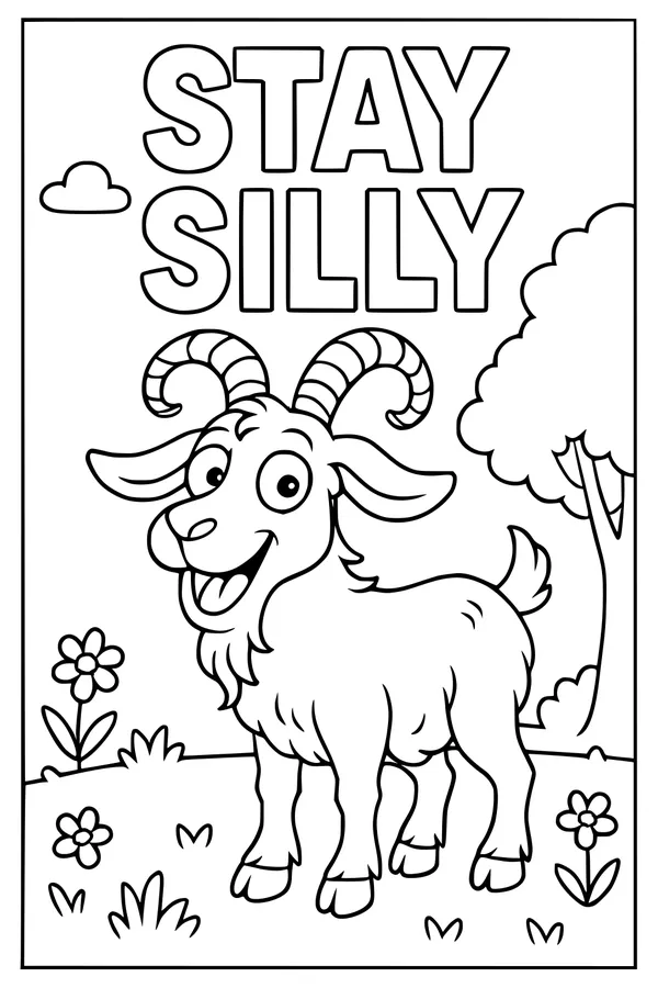 Free Goat Coloring Page - Smiling Stay Silly Meadow Scene (Printable PDF)