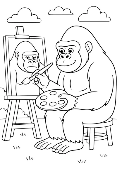 Free Gorilla Coloring Page - Painting His Own Portrait Outdoors (Printable PDF)