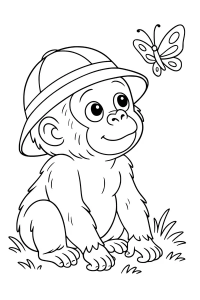 Free Baby Gorilla Coloring Page - Tiny Explorer With Butterfly (Printable PDF)