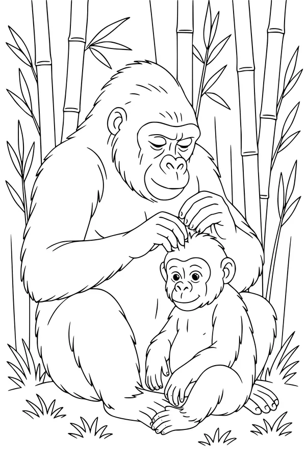 Free Gorilla Coloring Page - Mother Grooming Baby in Bamboo Forest (Printable PDF)