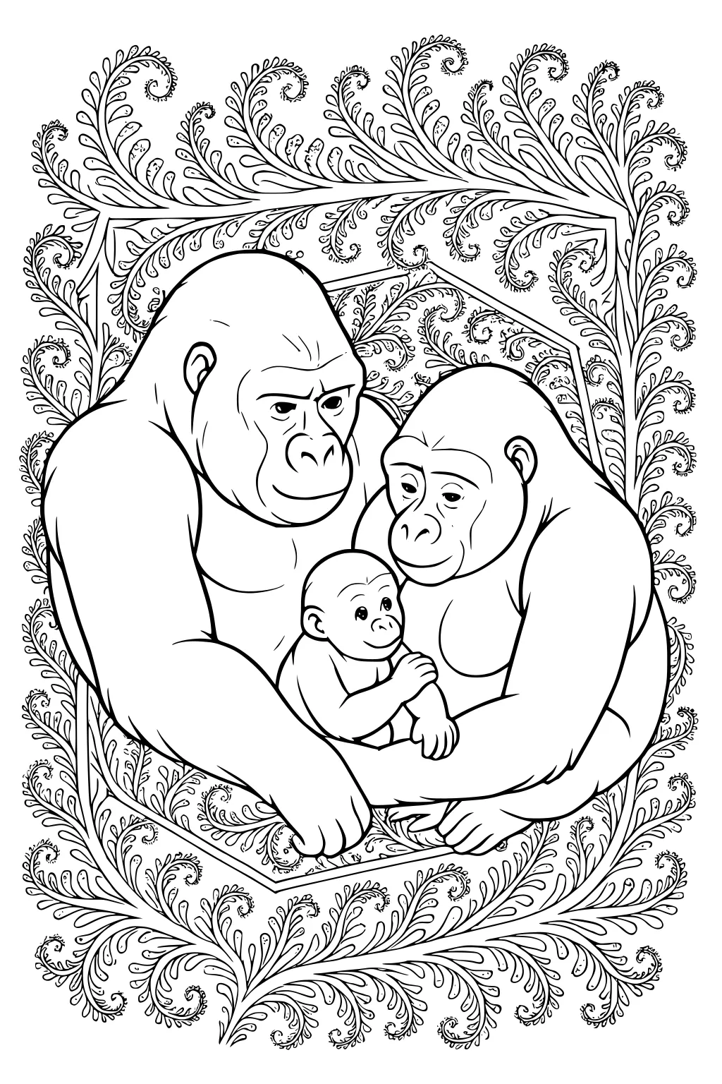 Two adult gorillas with a baby gorilla in their arms, all surrounded by decorative swirling leaves.
