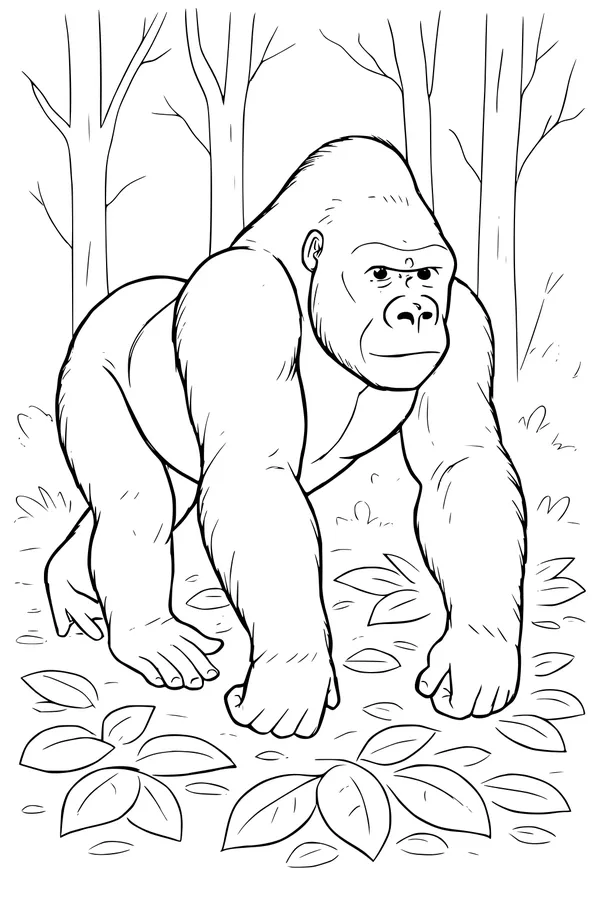 Free Gorilla Coloring Page - Giant Ape in Leafy Forest (Printable PDF)