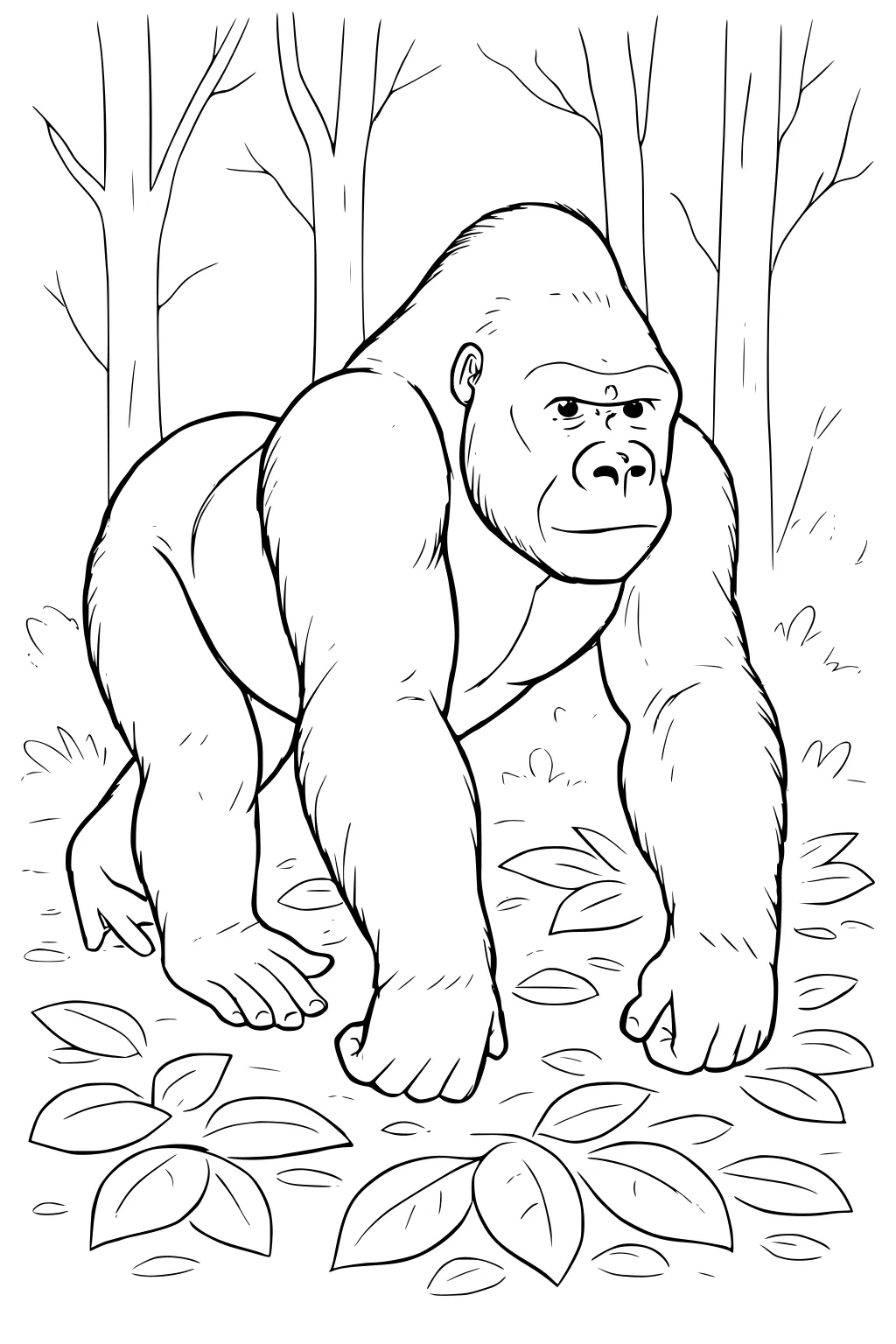Gorilla walking on all fours with leafy ground and tall trees surrounding him.