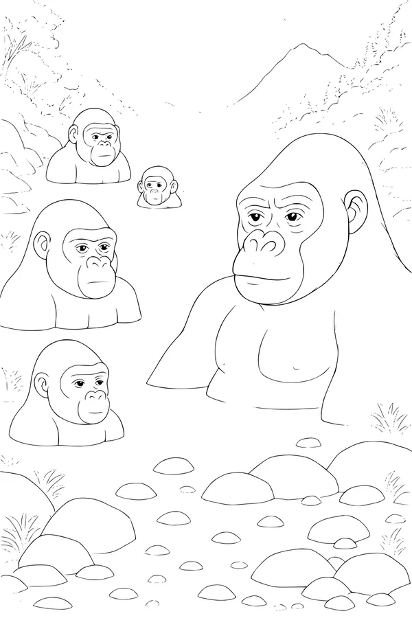 Free Gorilla Coloring Page - Family Relaxing in Hot Springs (Printable PDF)