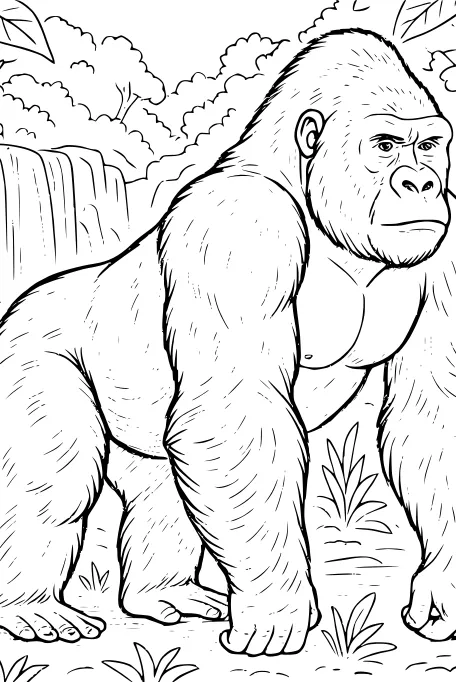 Free Gorilla Coloring Page - Jungle King by the Waterfall (Printable PDF)