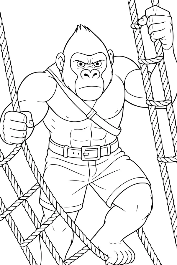 Free Gorilla Coloring Page - Strong Cartoon Ape Climbing Ropes (Printable PDF)