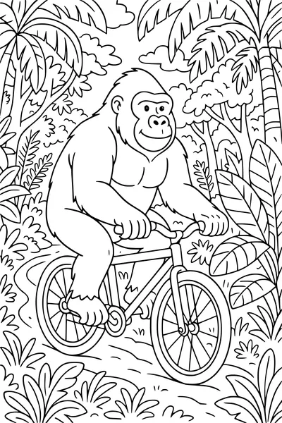 Free Gorilla Coloring Page - Jungle Gorilla Riding a Bicycle (Printable PDF)