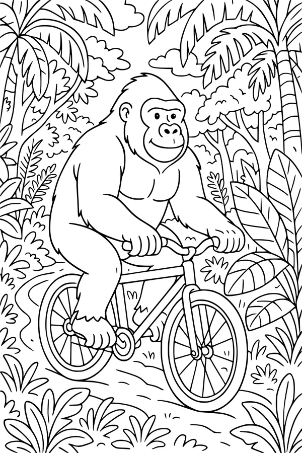 Free Gorilla Coloring Page - Jungle Gorilla Riding a Bicycle (Printable PDF)