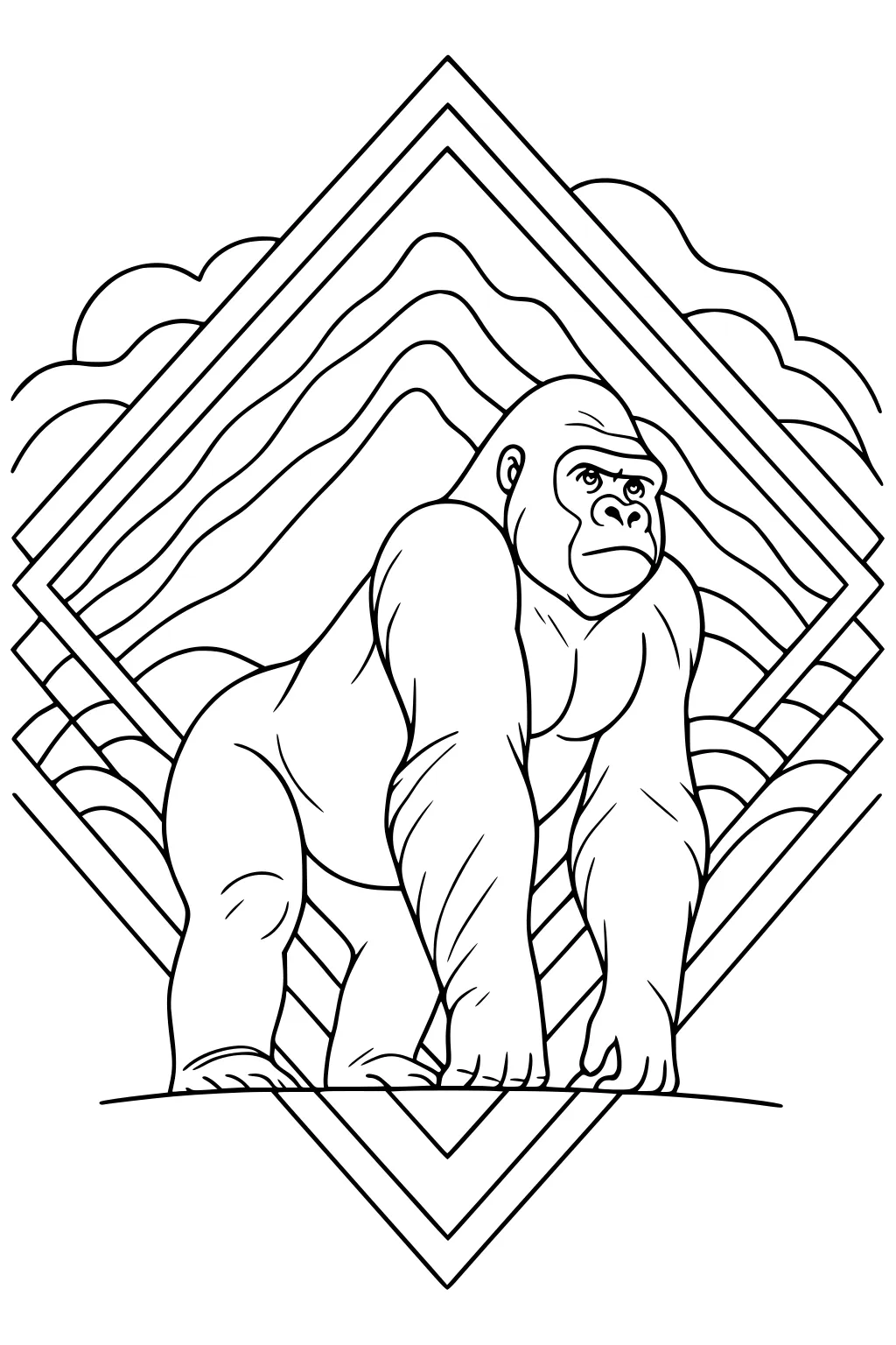 Gorilla standing with mountains, clouds, and diamond shapes in the background, bold cartoon style outlines.