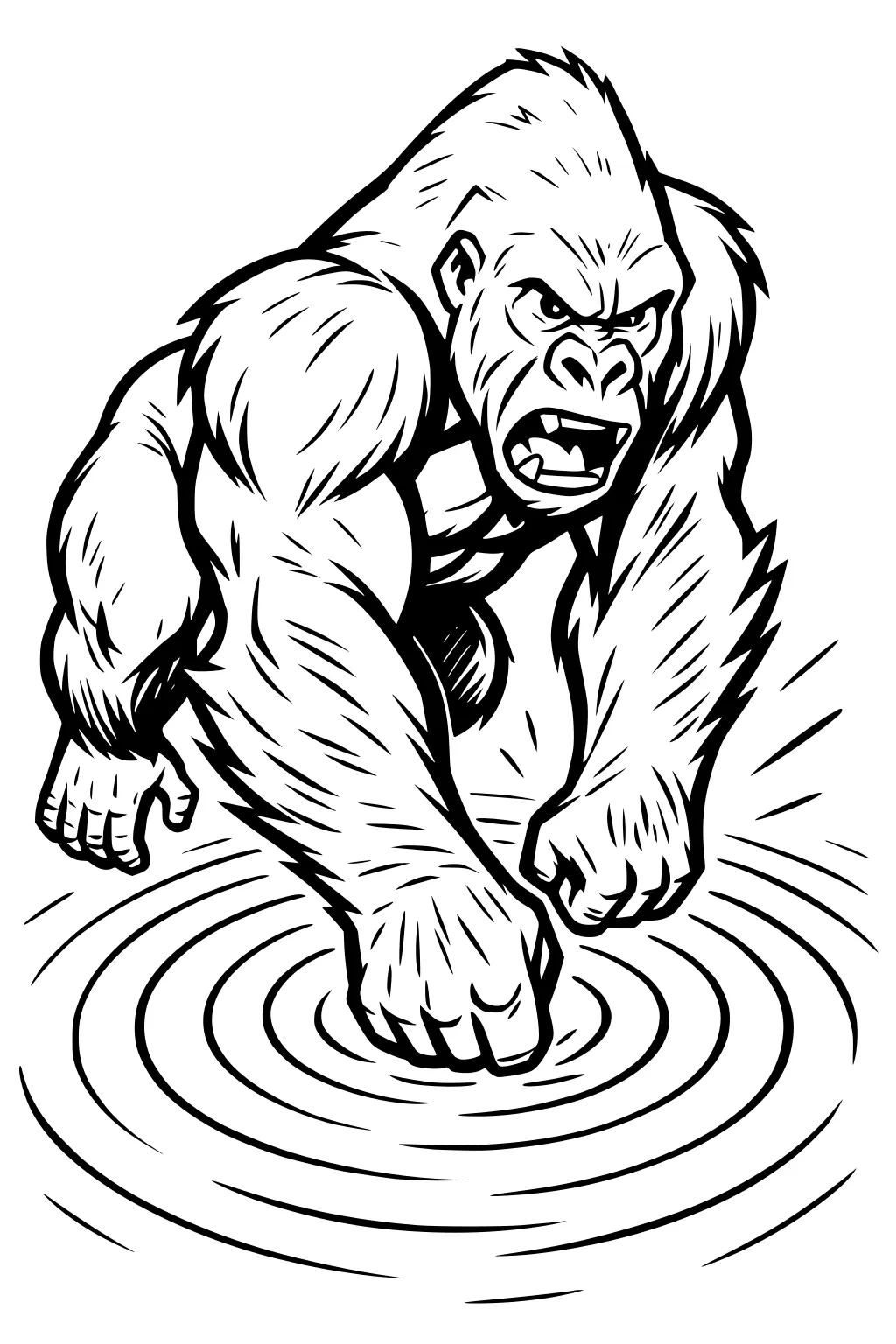 Large fur-covered gorilla with open mouth stomping fists into shallow water, splashing up rings, with strong arms and fierce eyes.