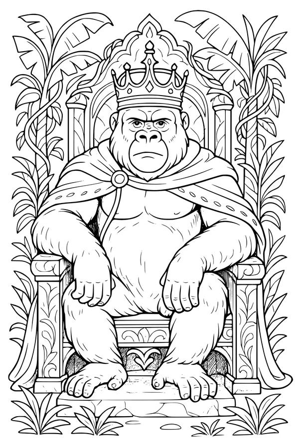 Free Gorilla Coloring Page - Jungle King on His Throne (Printable PDF)