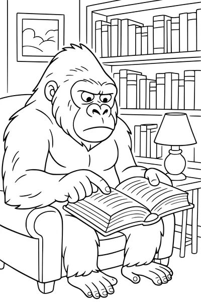 Free Gorilla Coloring Page - Professor Reading in a Cozy Library (Printable PDF)