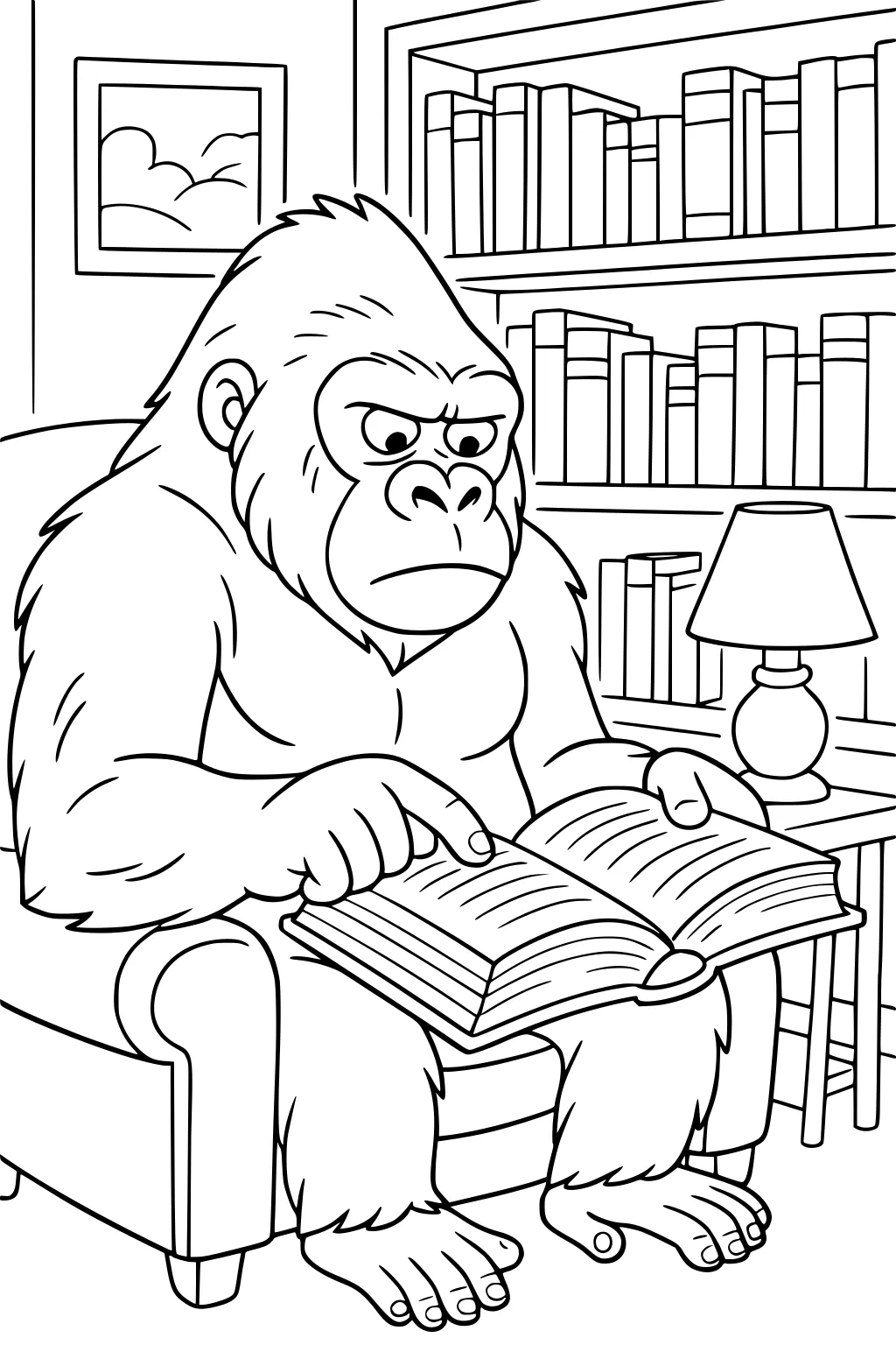 A gorilla reads a book in an armchair with shelves of books, a lamp, and a window in the background.