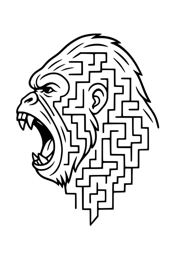 Free Gorilla Coloring Page - Roaring Maze Head Profile (Printable PDF)