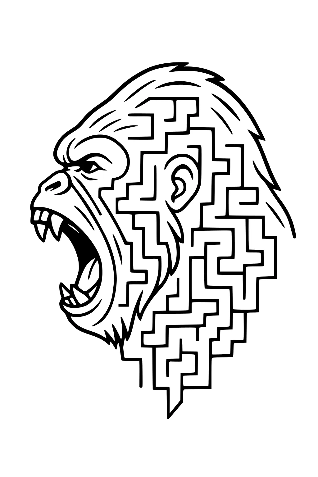 Profile view of a roaring gorilla head, with its mane and jawline shaped into a maze.