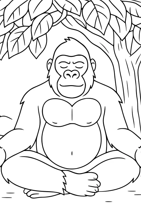 Free Gorilla Coloring Page - Meditating Under a Leafy Tree (Printable PDF)