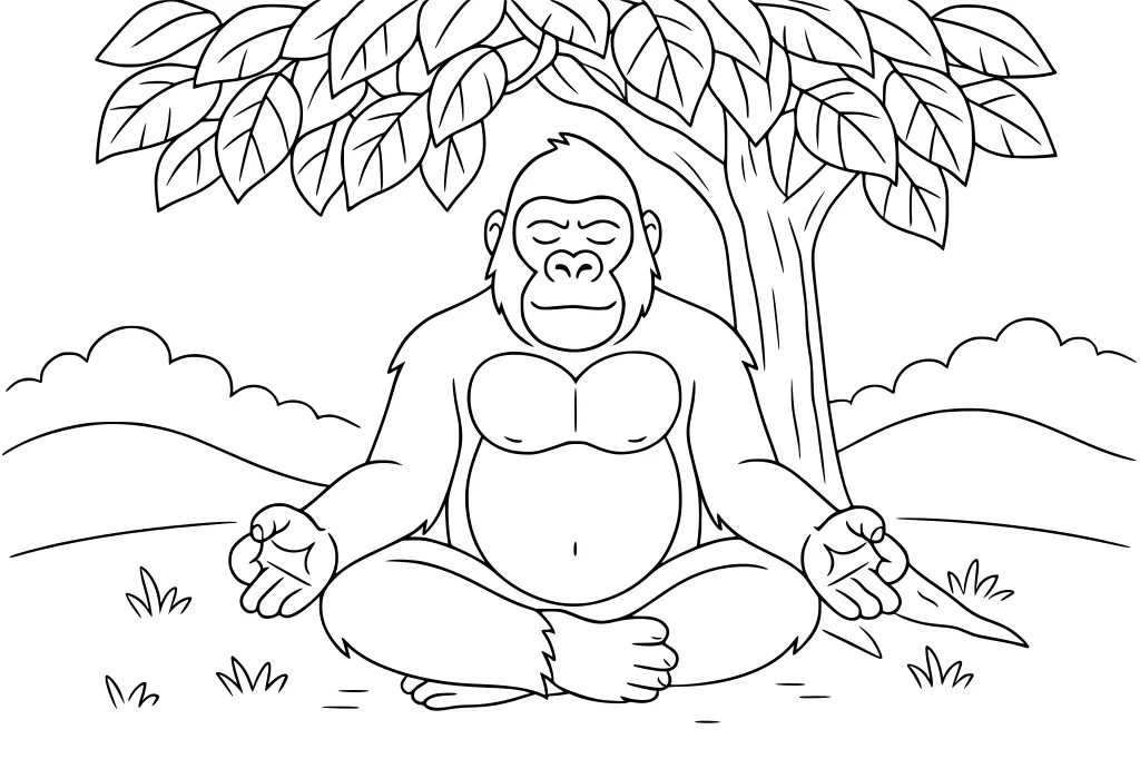 Gorilla meditating under a tree, eyes closed, sitting cross-legged with palms up, surrounded by hills and grass.