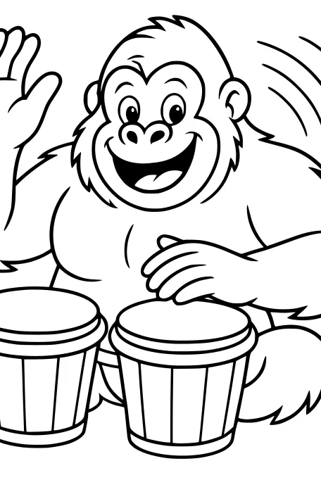 Free Gorilla Coloring Page - Happy Cartoon Ape Playing Bongo Drums (Printable PDF)