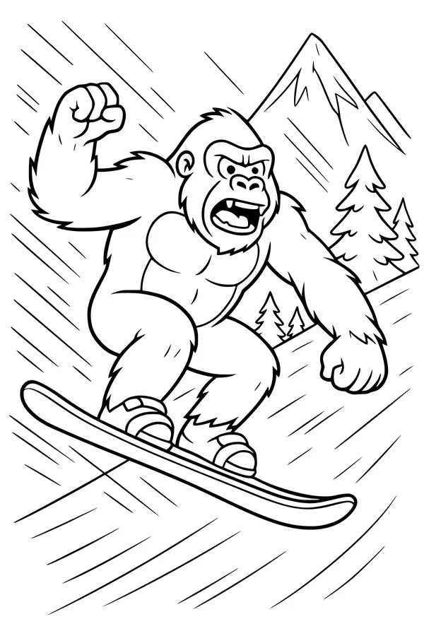 Free Gorilla Coloring Page - Snowboarding Down a Snowy Mountain (Printable PDF)