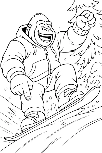 Free Gorilla Coloring Page - Snowboarding Down a Snowy Slope (Printable PDF)
