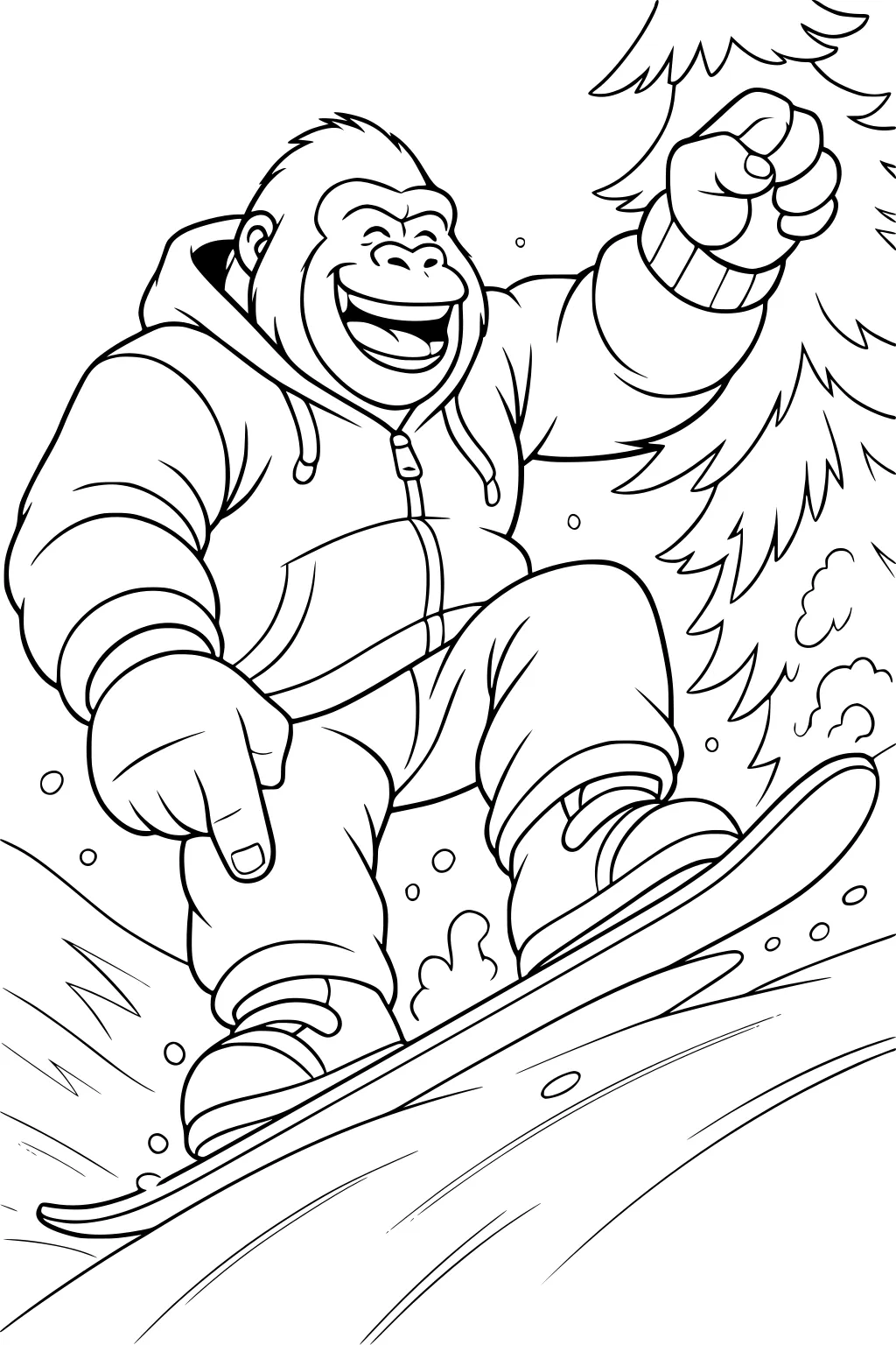 Gorilla in a hoodie snowboarding downhill, smiling, with snow and a pine tree in the background.