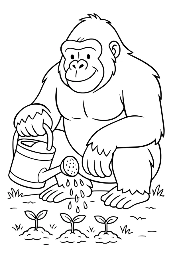 Free Gorilla Coloring Page - Happy Garden Watering Scene (Printable PDF)