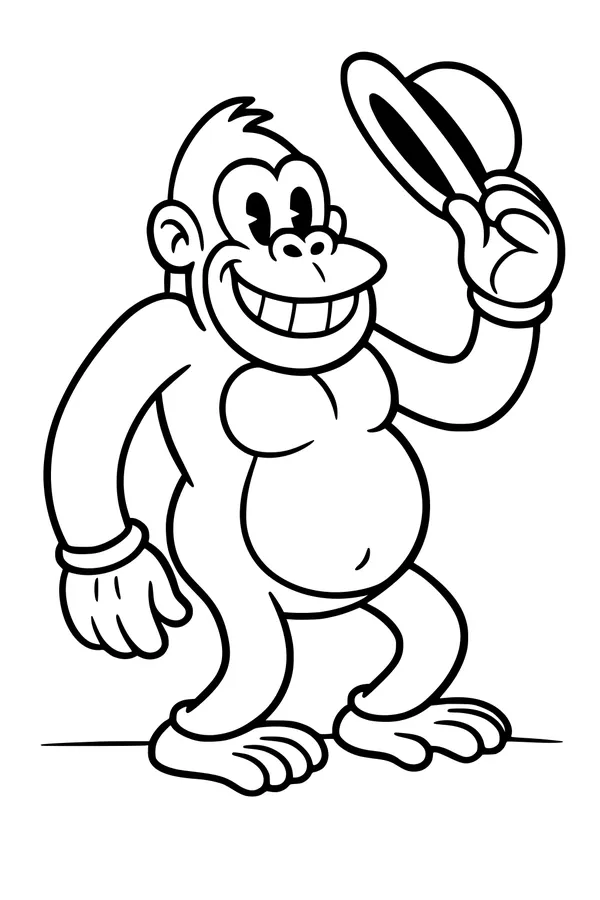 Free Gorilla Coloring Page - Smiling Cartoon Ape Tipping His Hat (Printable PDF)