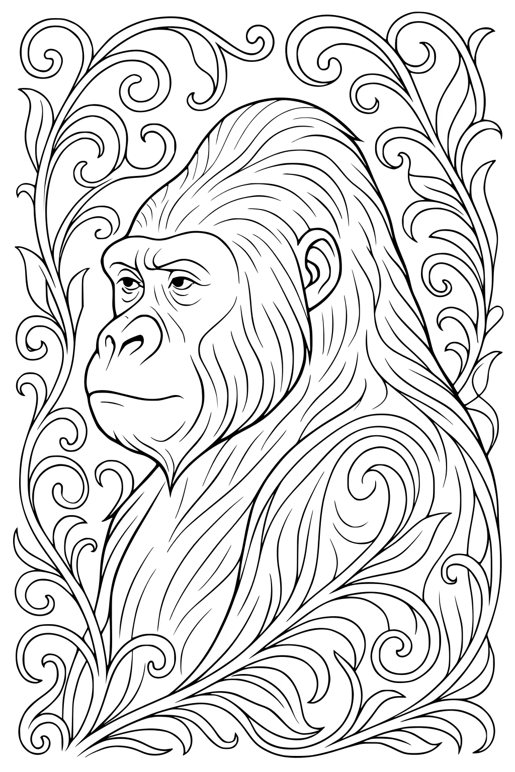 Gorilla sitting in profile, with detailed fur, surrounded by curling leafy vines and swirly jungle patterns.