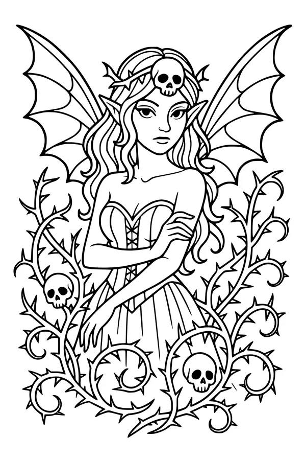 Free Fairy Coloring Page - Gothic Midnight Fairy in Thorny Vines (Printable PDF)