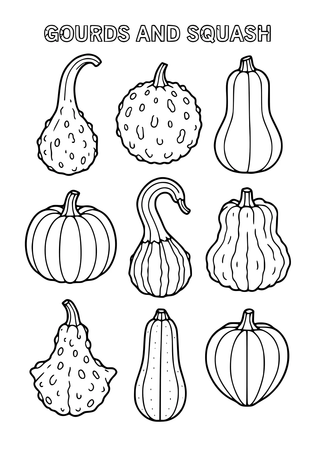 Nine gourds and squash in three rows under the title GOURDS AND SQUASH, with pumpkins, warty gourds, and striped squash.