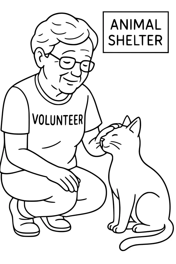 Free Grandma And Cat Coloring Page - Retired Volunteer At Animal Shelter (Printable PDF)