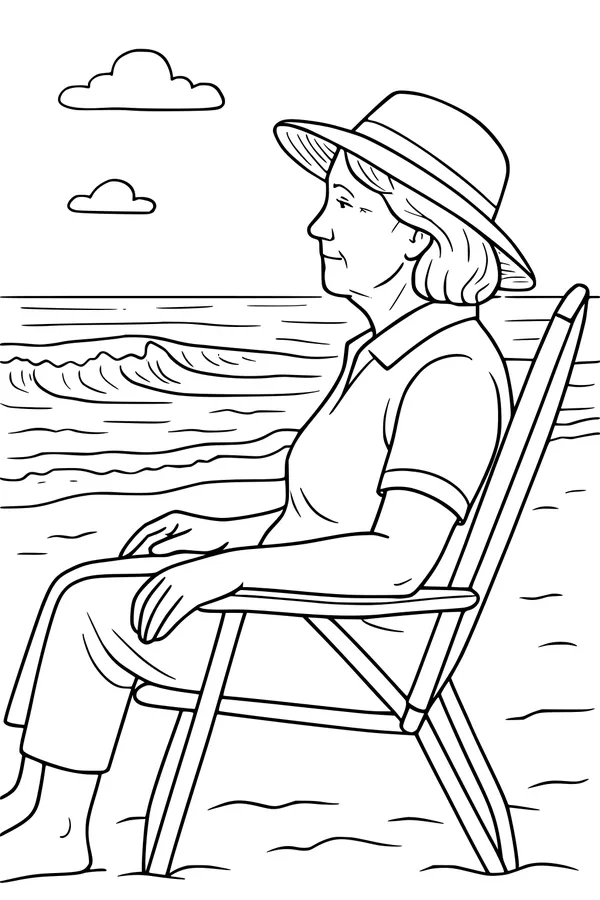 Free Grandma Retirement Coloring Page - Relaxing Beach Day Scene (Printable PDF)