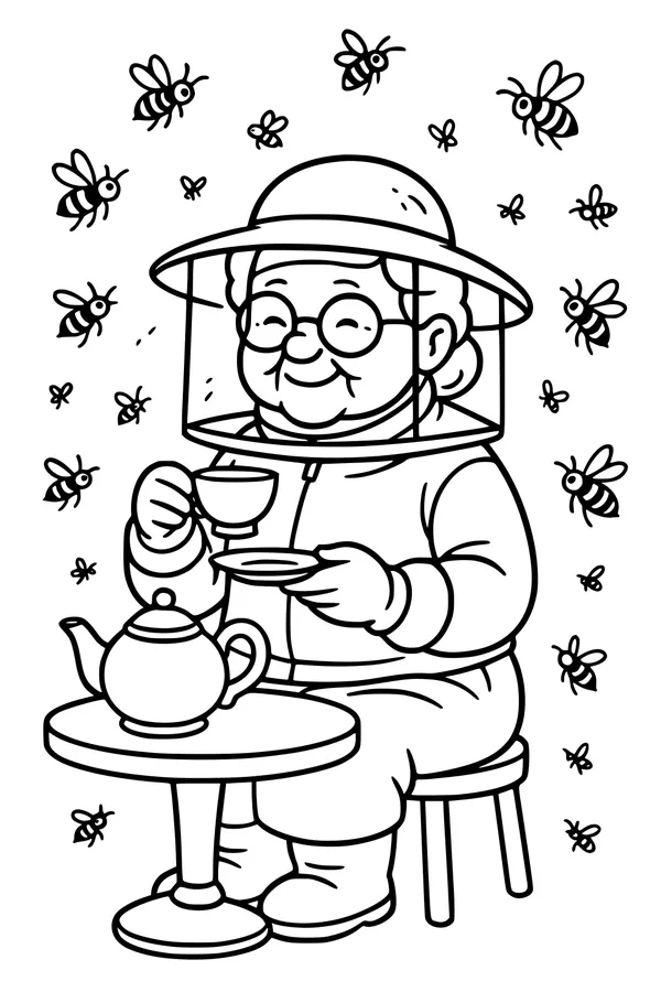 Free Grandma Beekeeper Coloring Page - Tea Time with Busy Bees (Printable PDF)