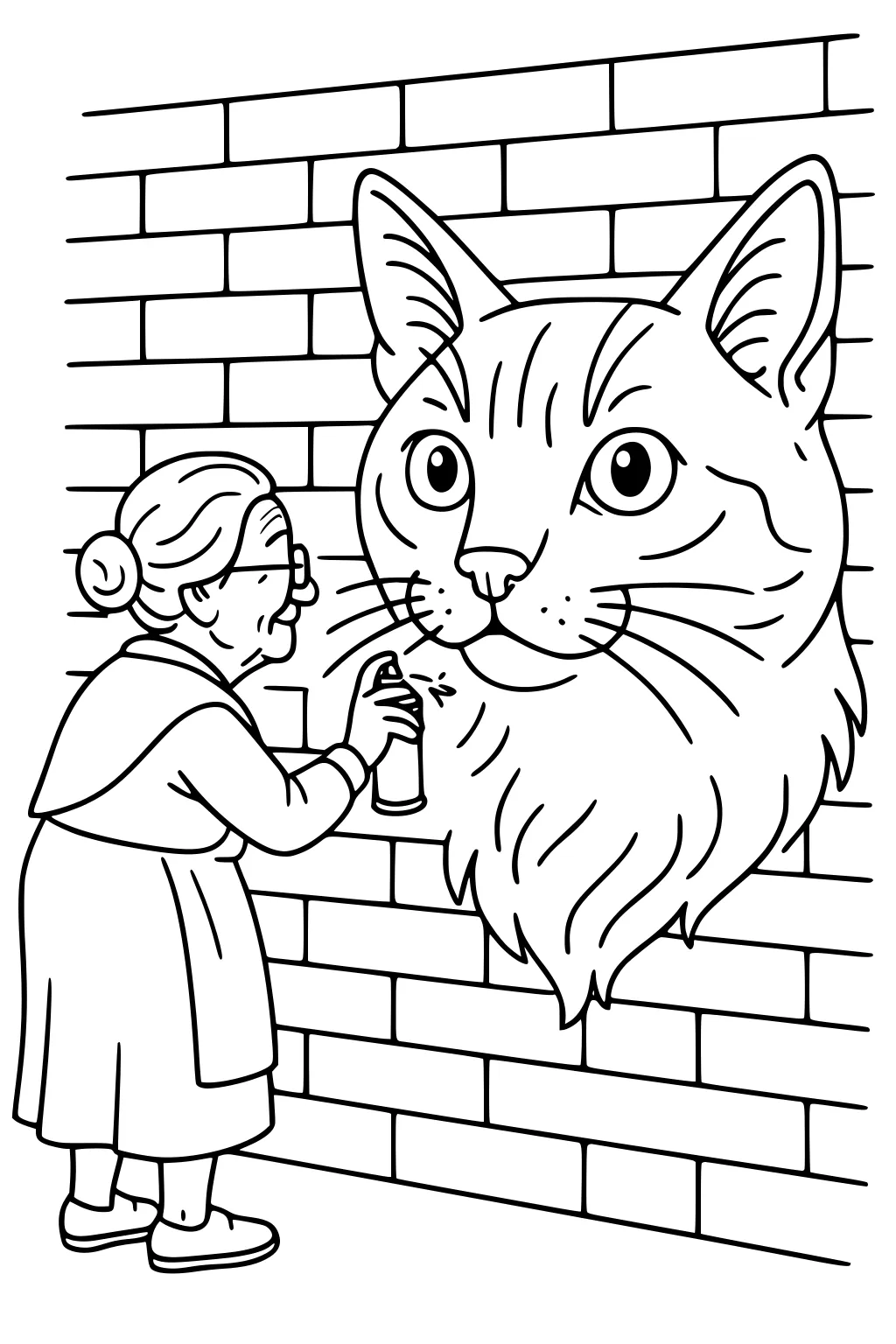 Elderly woman with glasses spray-paints a large cat face on a brick wall, holding a can as the fluffy cat looks forward.