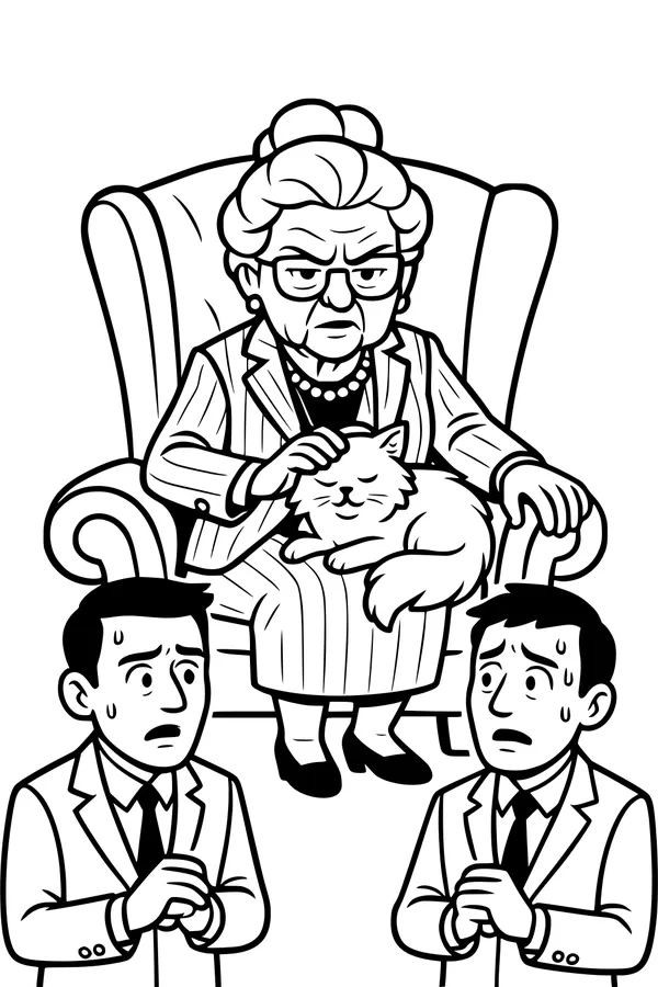 Free Grandma Coloring Page - Elderly Lady in Armchair With Nervous Men (Printable PDF)