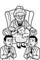 Free Grandma Coloring Page - Elderly Lady in Armchair With Nervous Men (Printable PDF)
