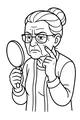 Free Grandma Coloring Page - Elderly Gran Checking Her Cheek in a Mirror (Printable PDF)