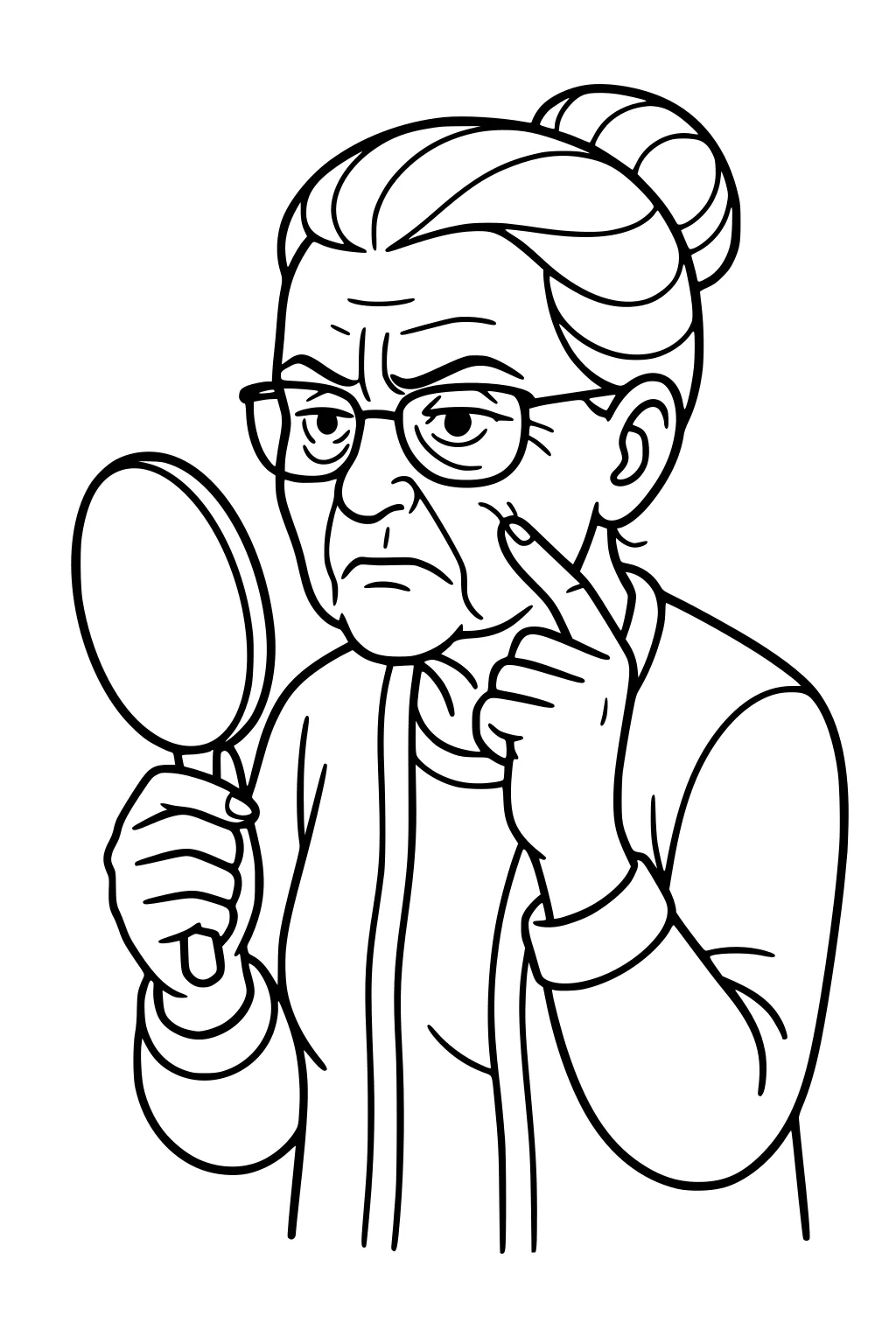Elderly woman with bun and glasses looks in hand mirror, points to cheek, wearing cardigan, bold outlines.