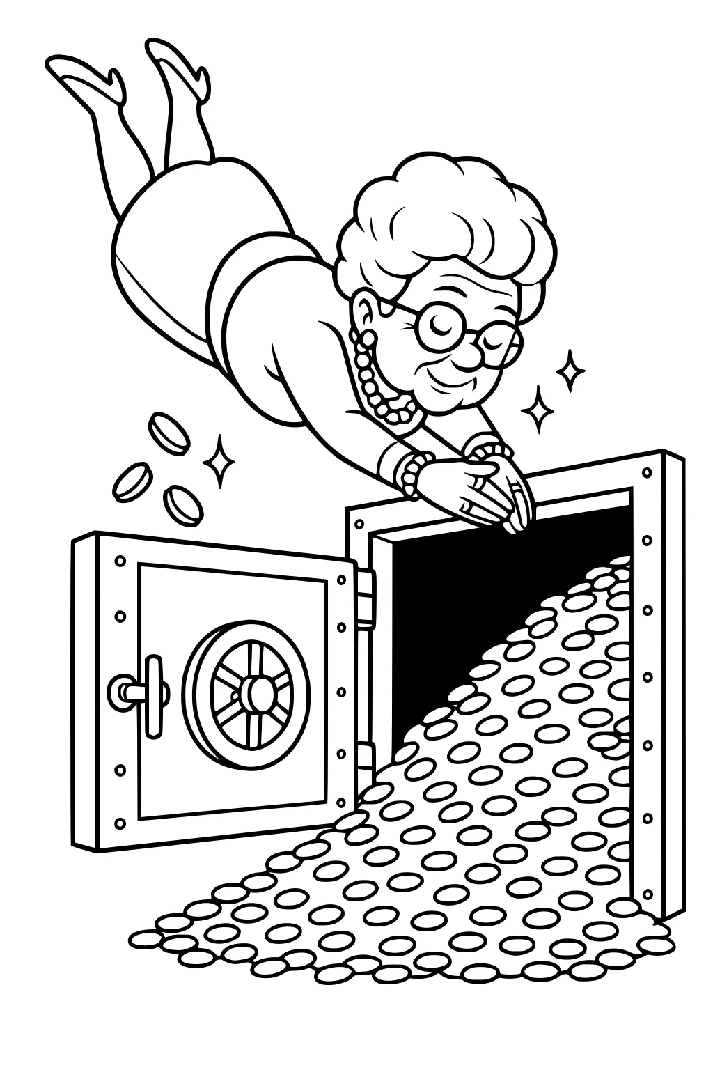 Grandma with glasses and pearls dives toward an open bank safe overflowing with coins; heels up and sparkles beside her hands.