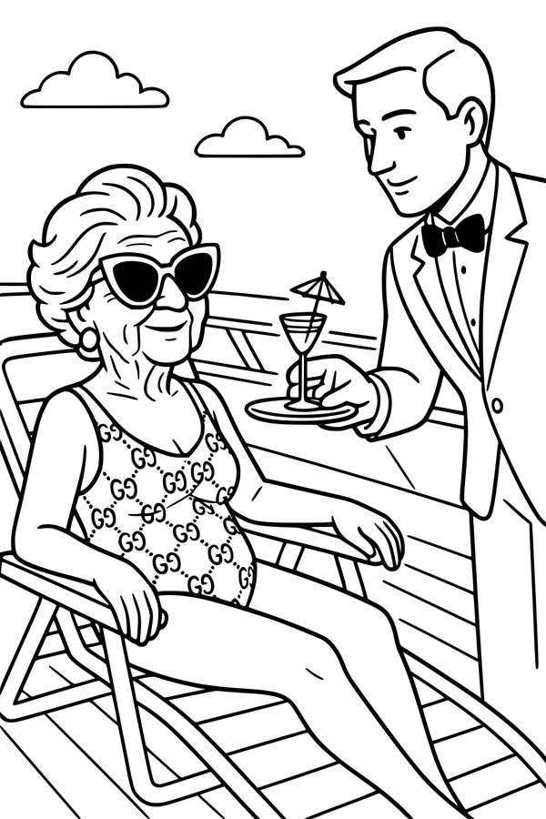 Free Grandma Retirement Coloring Page - Relaxing Cruise Deck Lounge (Printable PDF)