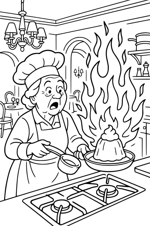 Free Grandma Coloring Page - Funny Flaming Pudding Kitchen Scene (Printable PDF)