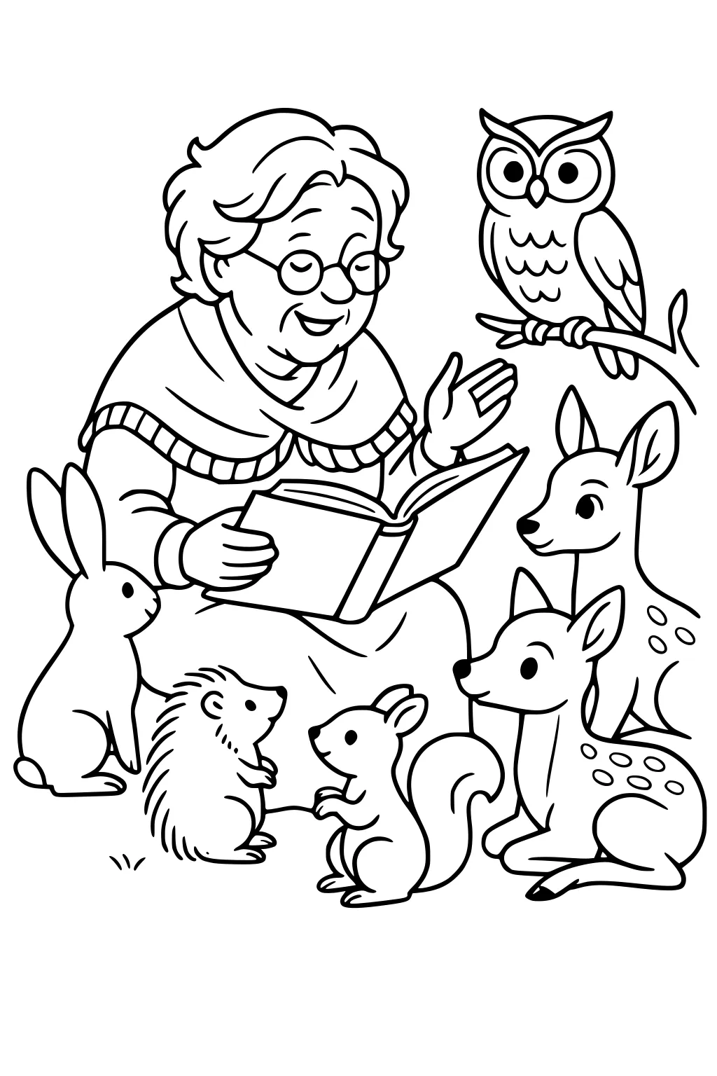 Grandmother with glasses reads to a rabbit, hedgehog, squirrel, three deer, and an owl perched on a branch.