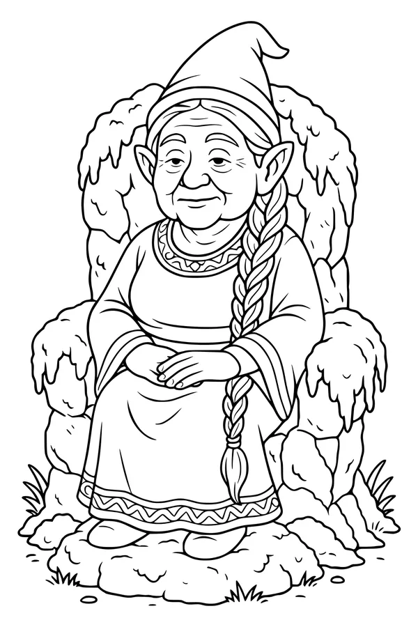 Free Grandma Gnome Coloring Page - Mossy Throne Portrait (Printable PDF)