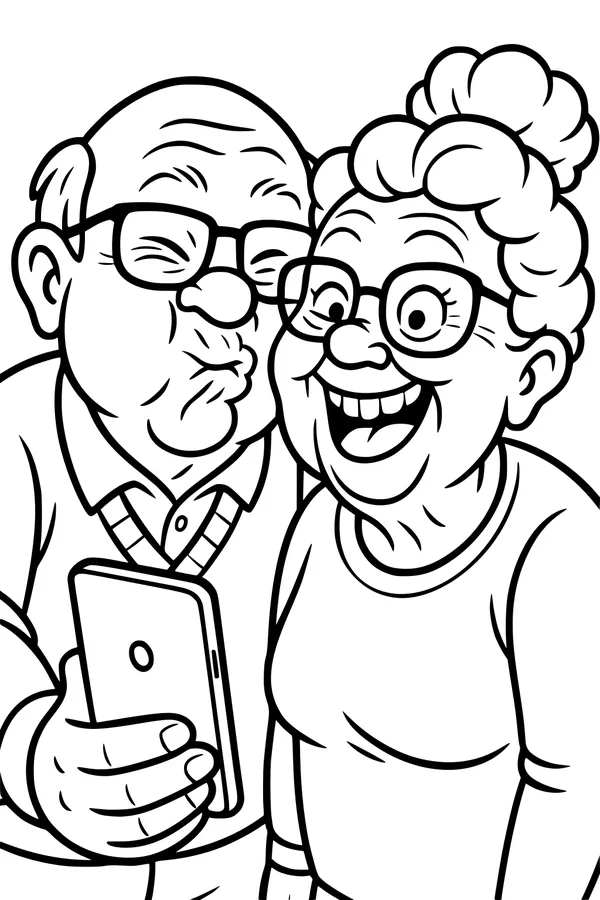 Free Grandparents Coloring Page - Laughing Selfie Portrait (Printable PDF)