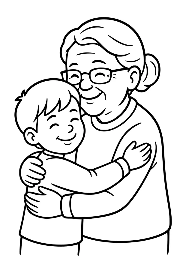 Free Grandma And Grandson Coloring Page - Big Warm Hug (Printable PDF)