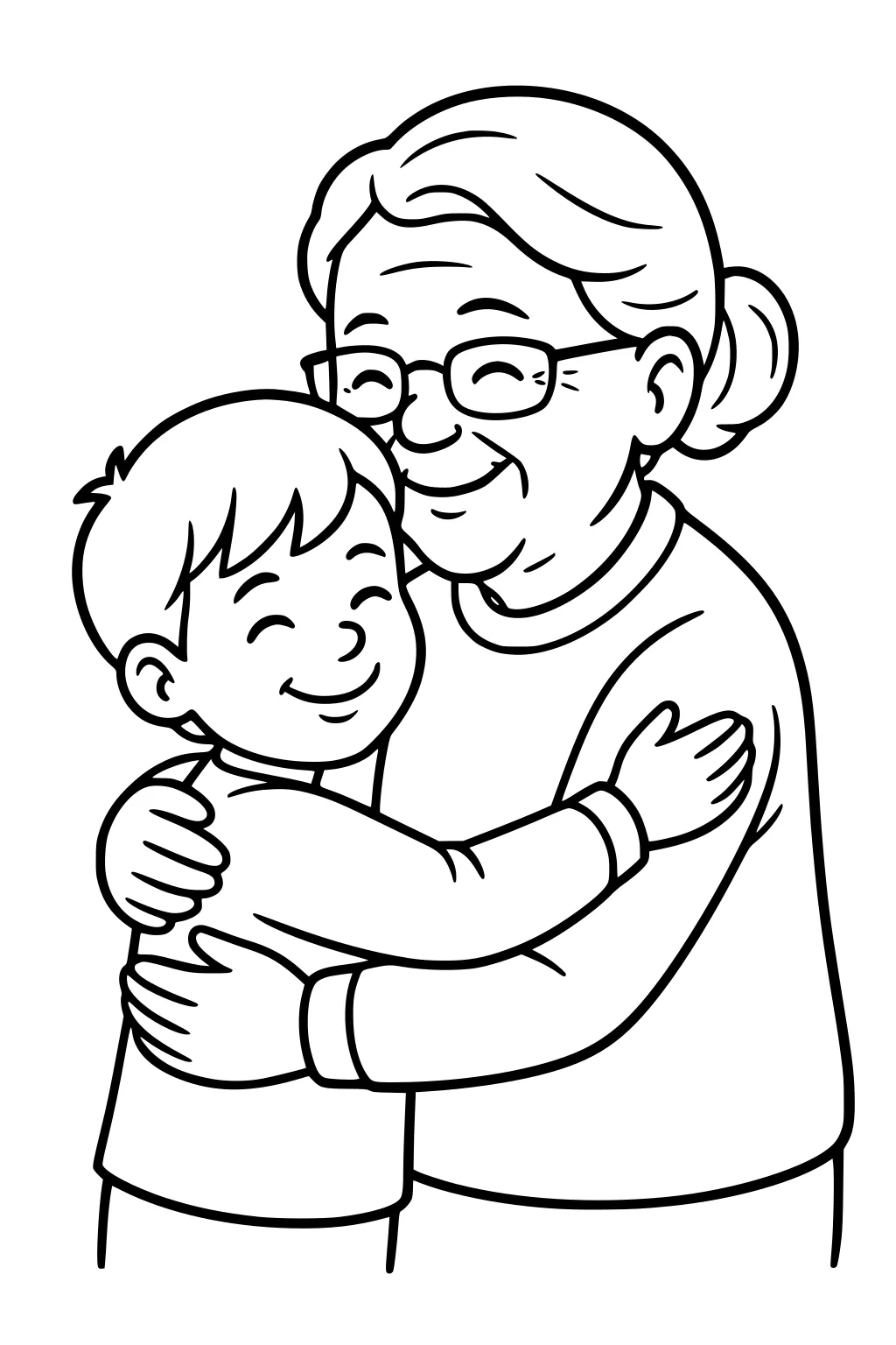 Grandmother with glasses and bun hugs a smiling boy; eyes closed, arms around each other in simple line art.