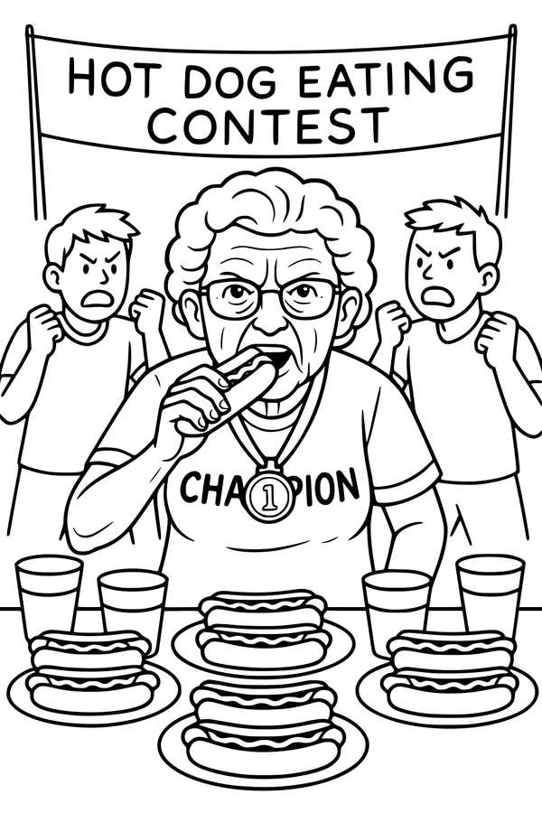Free Grandma Coloring Page - Champion Hot Dog Eating Contest Winner (Printable PDF)