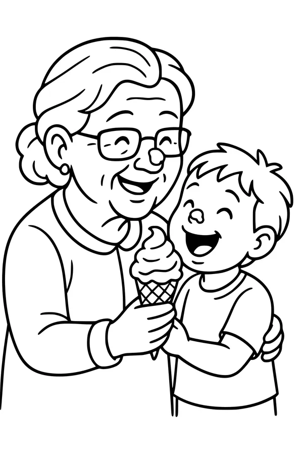 Free Grandma And Grandson Coloring Page - Sharing Ice Cream Giggles (Printable PDF)