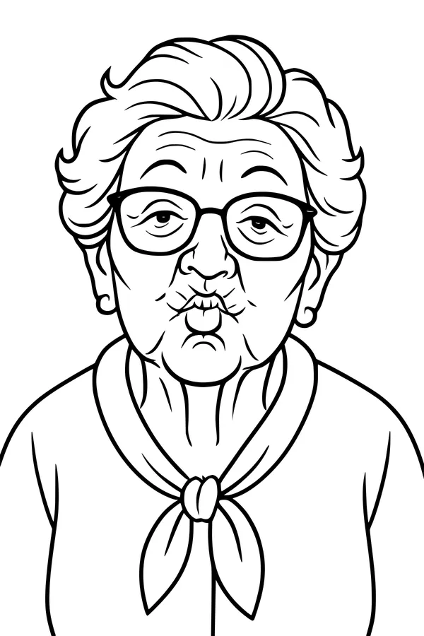 Free Grandma Coloring Page - Elderly Portrait Blowing a Kiss (Printable PDF)